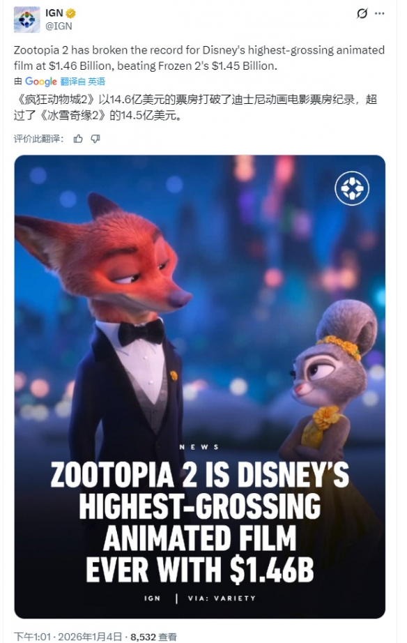 超越冰雪奇缘2!《疯狂动物城2》成迪士尼票房最高动画
